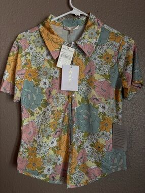 Wayf Pastel Floral Button-Up Blouse in Pink, Yellow, Green